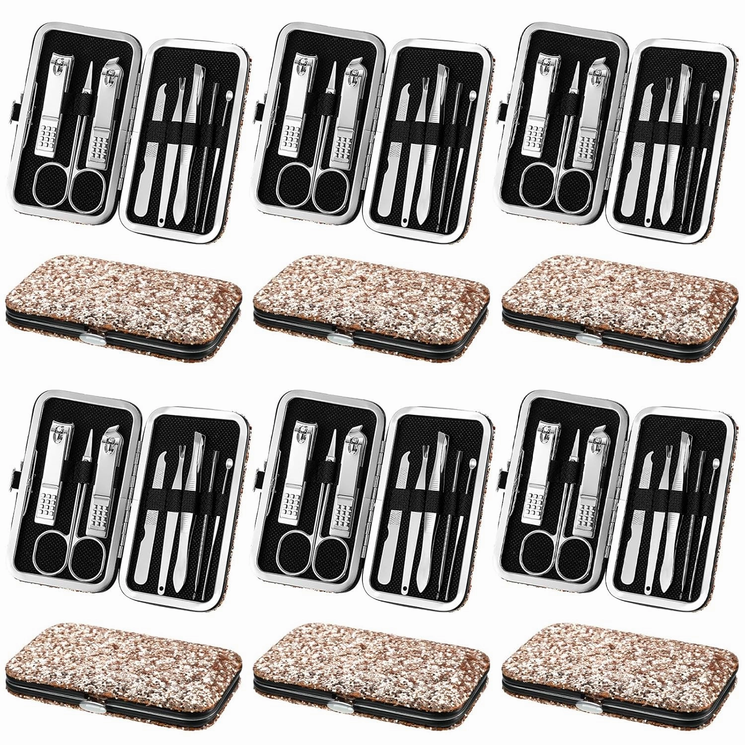 Geosar 12 Set 8 in 1 Manicure Set Stainless Steel Nail Clippers Kit Pedicure Care Tools with Leather Case Travel Grooming Kit Gift for Father's Day(Glitter Rose Gold)