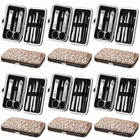 Geosar 12 Set 8 in 1 Manicure Set Stainless Steel Nail Clippers Kit Pedicure Care Tools with Leather Case Travel Grooming Kit Gift for Father's Day(Glitter Rose Gold)