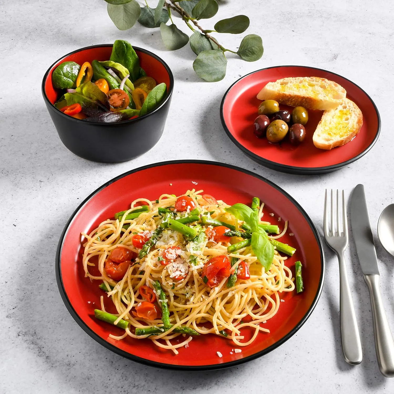 Gibson Soho Lounge Sofia Coupe Stoneware Dinnerware Set, Service for 4 (12pcs), Matte Red