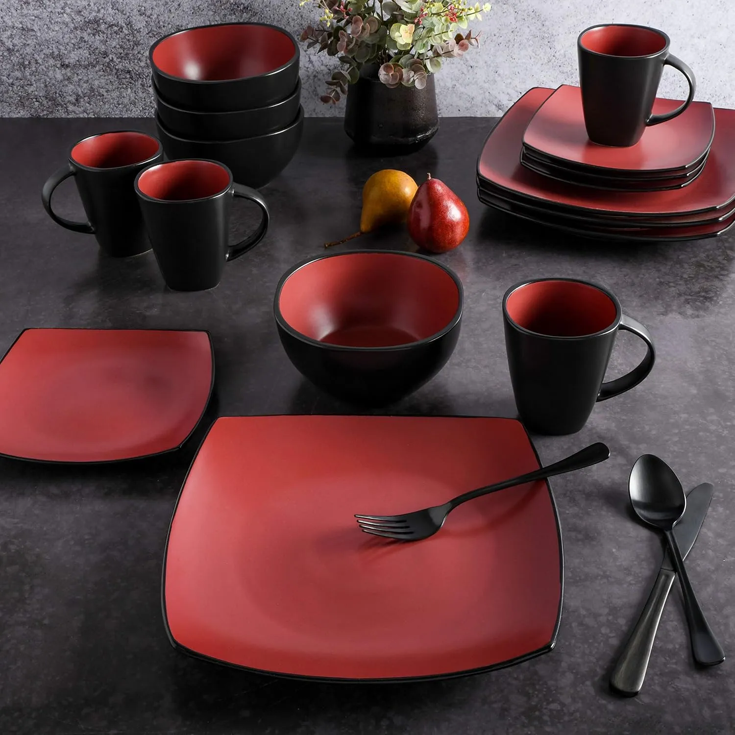 Gibson Soho Lounge Square Reactive Glaze Stoneware Dinnerware Set, Service for 4 (16pc), Matte Red