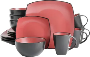 Gibson Soho Lounge Square Reactive Glaze Stoneware Dinnerware Set, Service for 4 (16pc), Matte Red