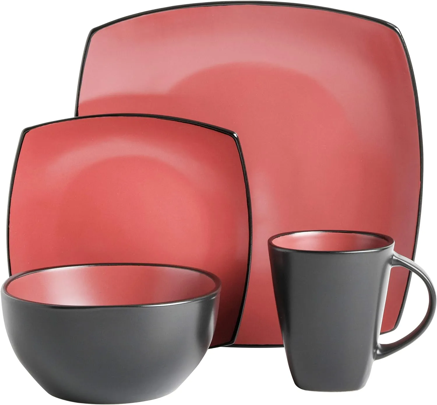 Gibson Soho Lounge Square Reactive Glaze Stoneware Dinnerware Set, Service for 4 (16pc), Matte Red