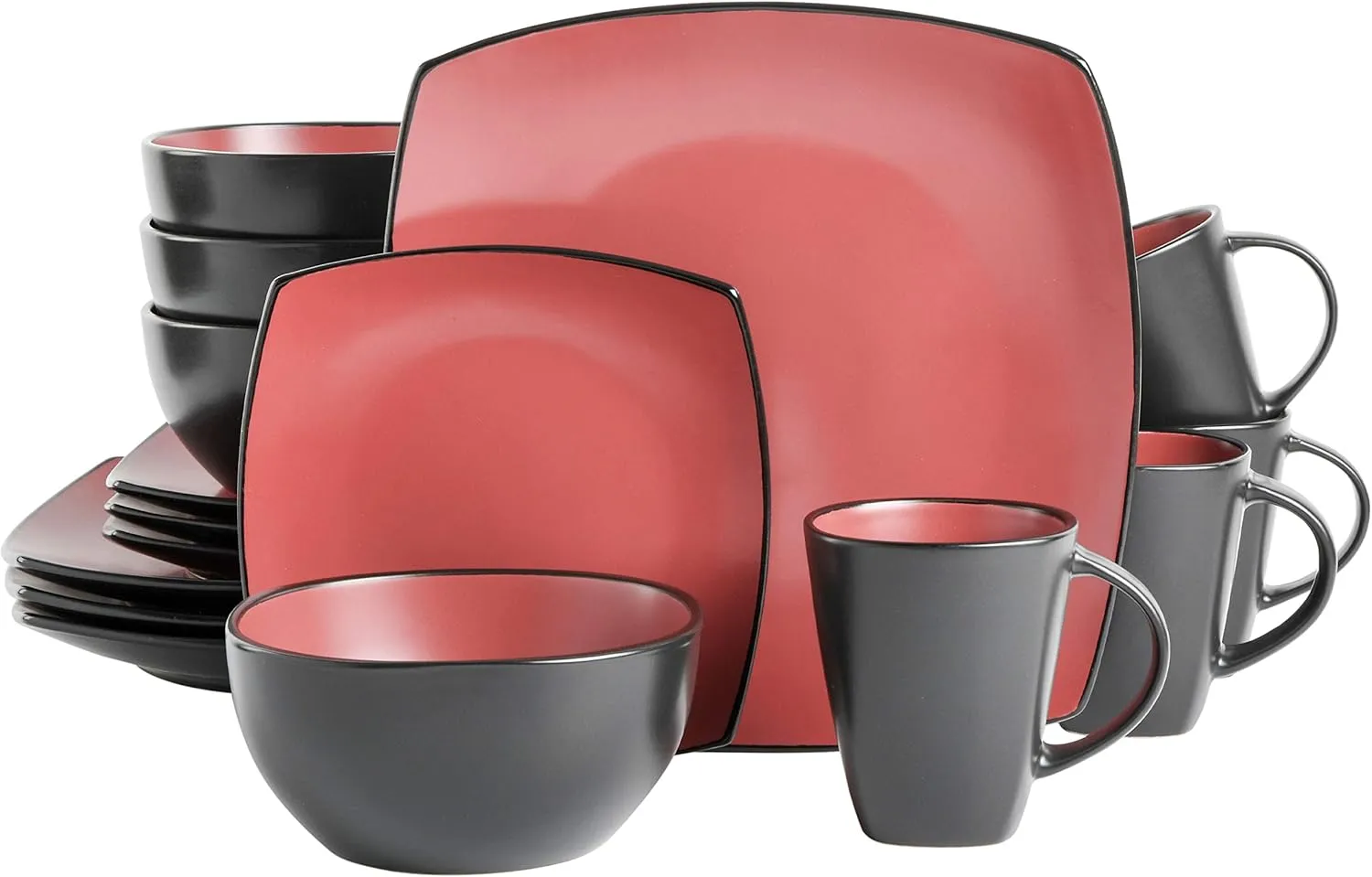 Gibson Soho Lounge Square Reactive Glaze Stoneware Dinnerware Set, Service for 4 (16pc), Matte Red