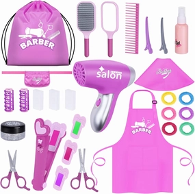 Gifts2U Hair Salon Toys for Girls, 26 Pcs Realistic Girl Beauty Salon Playset Hair Styling Set with Blow Dryer, Barber Costume Apron, Scissors and Stylist Accessories.