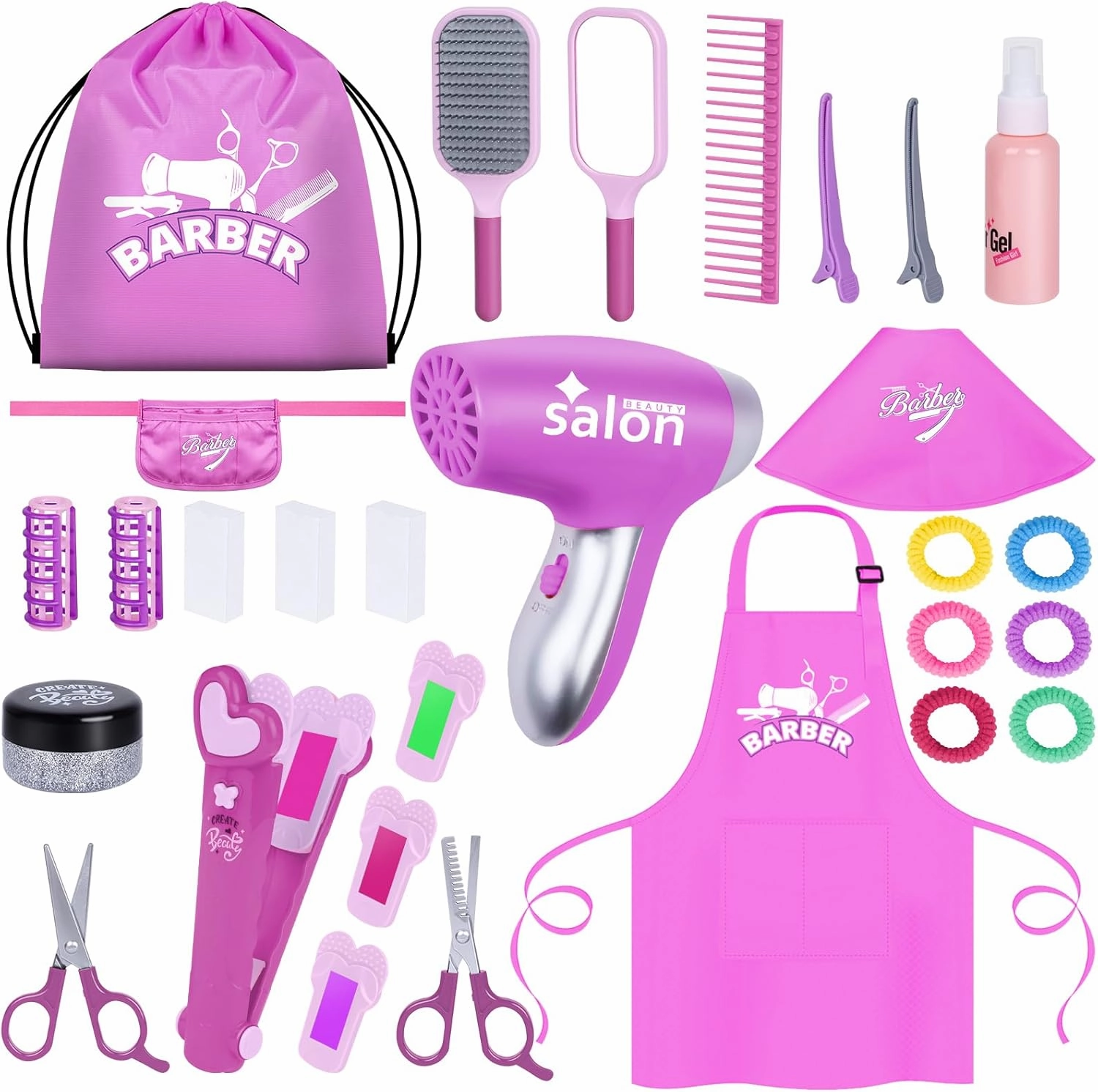 Gifts2U Hair Salon Toys for Girls, 26 Pcs Realistic Girl Beauty Salon Playset Hair Styling Set with Blow Dryer, Barber Costume Apron, Scissors and Stylist Accessories.