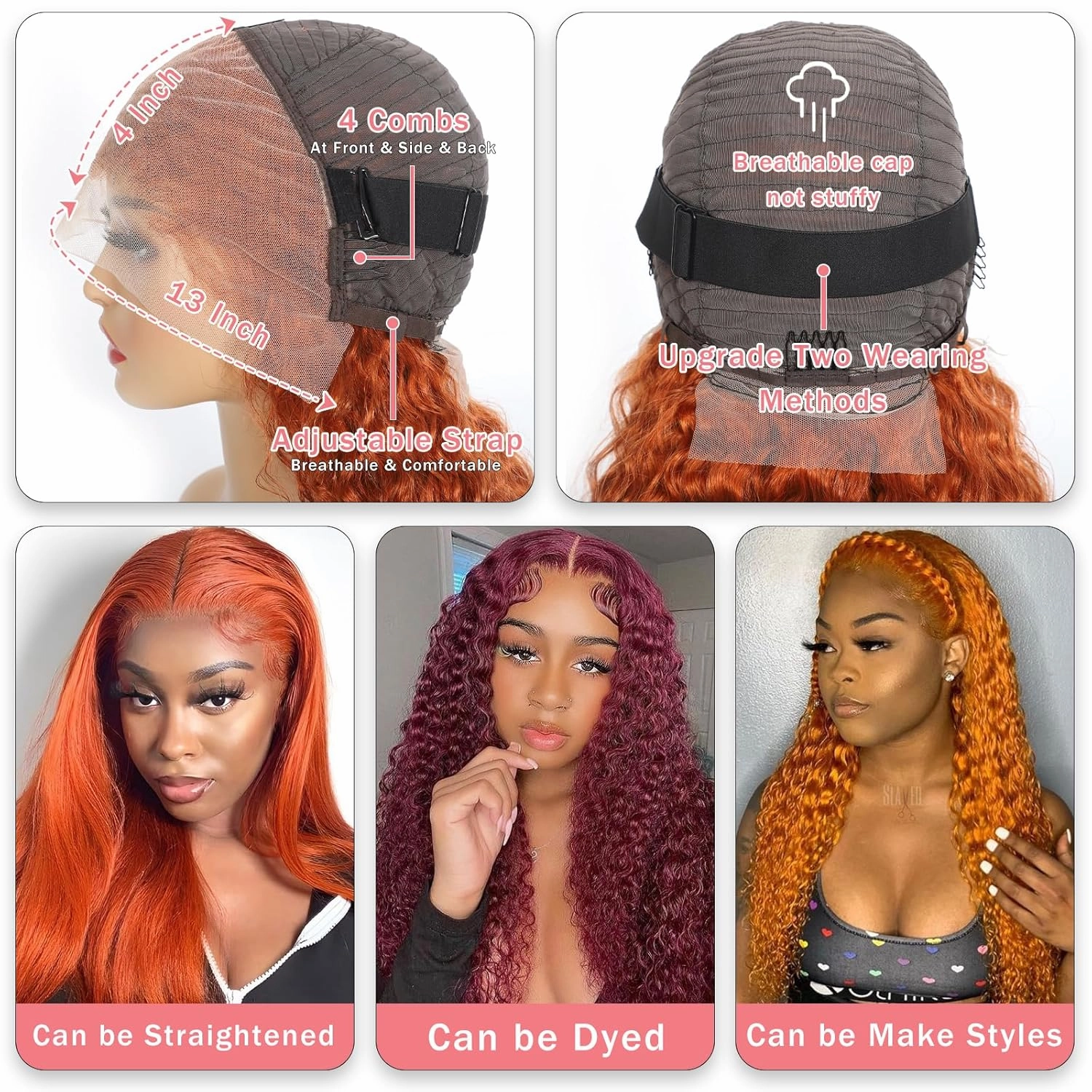 Ginger Orange Lace Front Wigs Human Hair 180% Density 13x4 Deep Wave Lace Front Wigs Human Hair Pre Plucked Curly Lace Frontal Wig Human Hair 350# Colored Ginger Wig 20 Inch