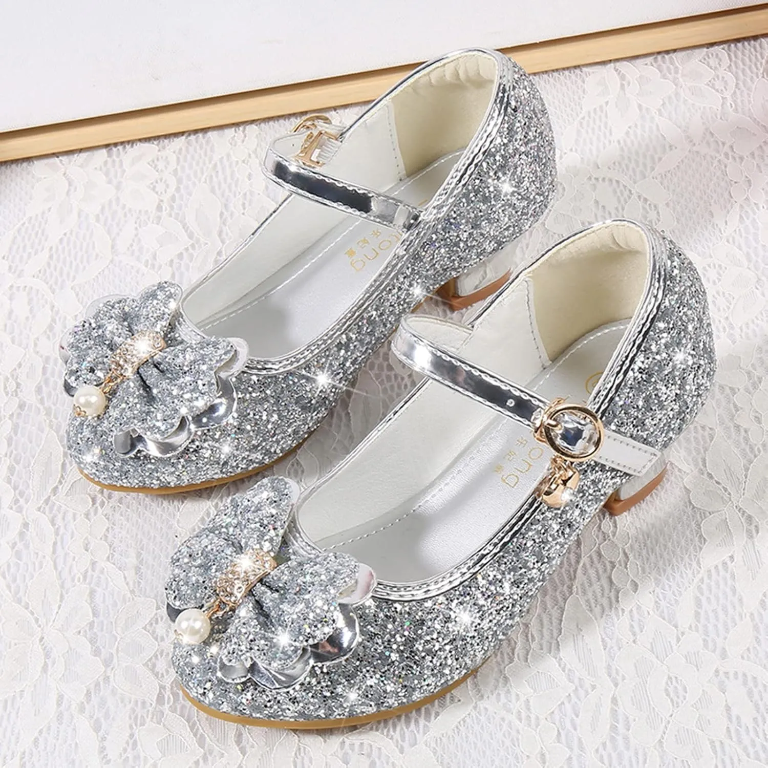 Girls Dress Shoes Glitter Shoes Flower Mary Jane Low Heels Party Wedding Prom Footwear For Toddler Princess Shoes