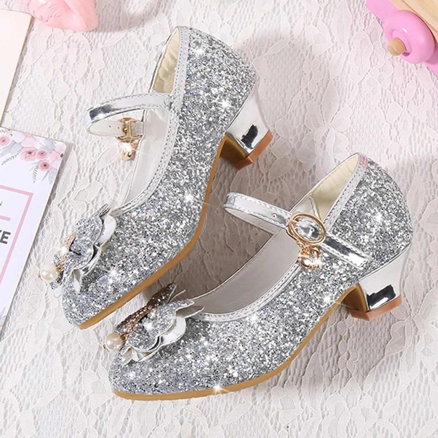 Girls Dress Shoes Glitter Shoes Flower Mary Jane Low Heels Party Wedding Prom Footwear For Toddler Princess Shoes