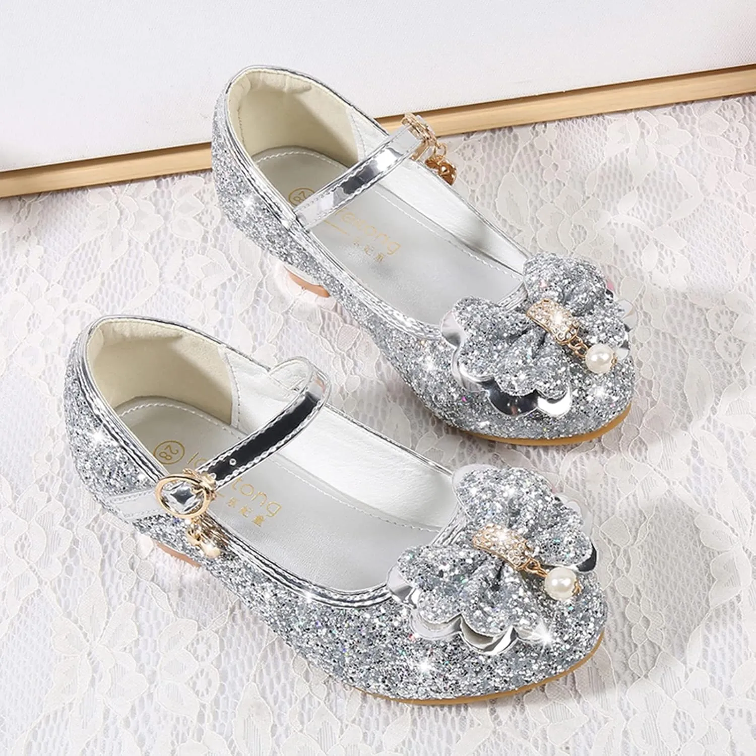 Girls Dress Shoes Glitter Shoes Flower Mary Jane Low Heels Party Wedding Prom Footwear For Toddler Princess Shoes