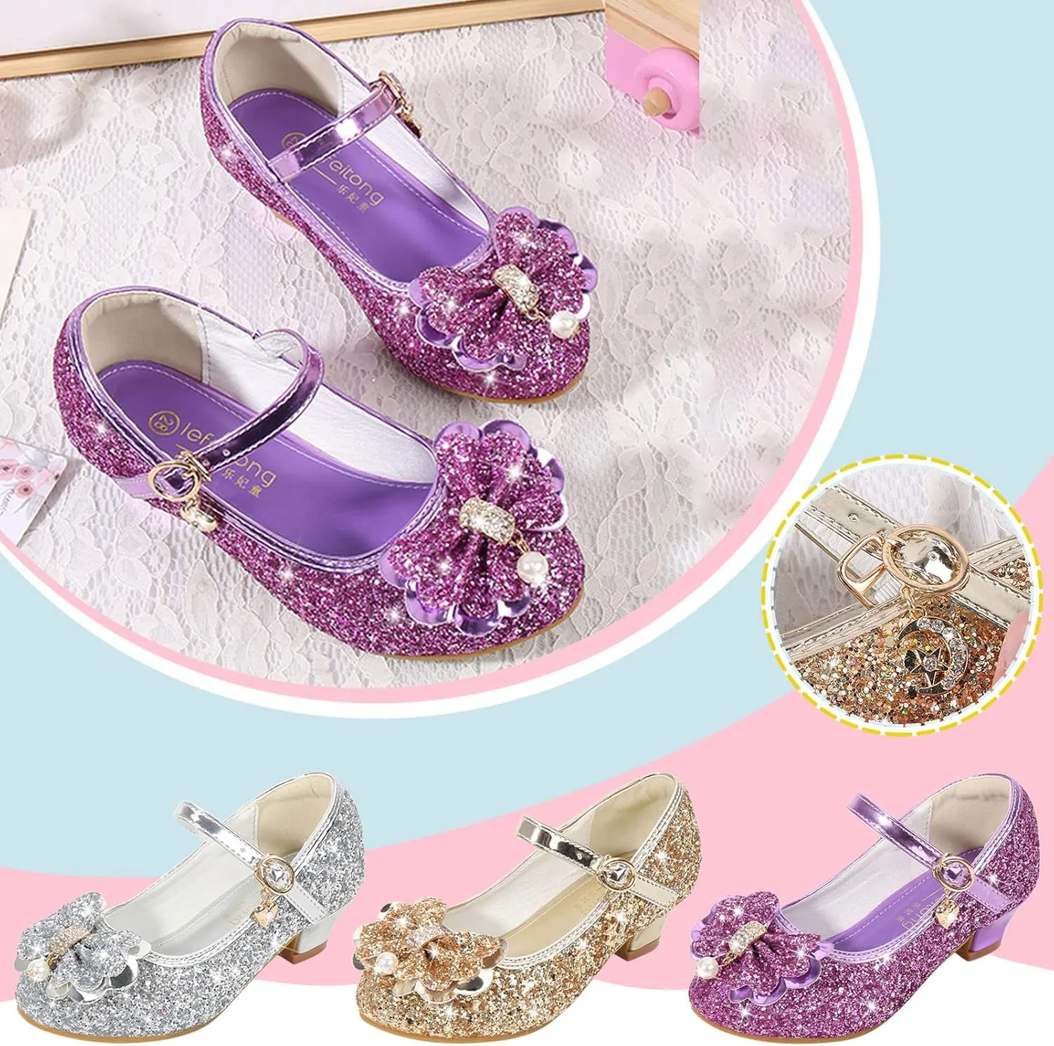 Girls Dress Shoes Glitter Shoes Flower Mary Jane Low Heels Party Wedding Prom Footwear For Toddler Princess Shoes