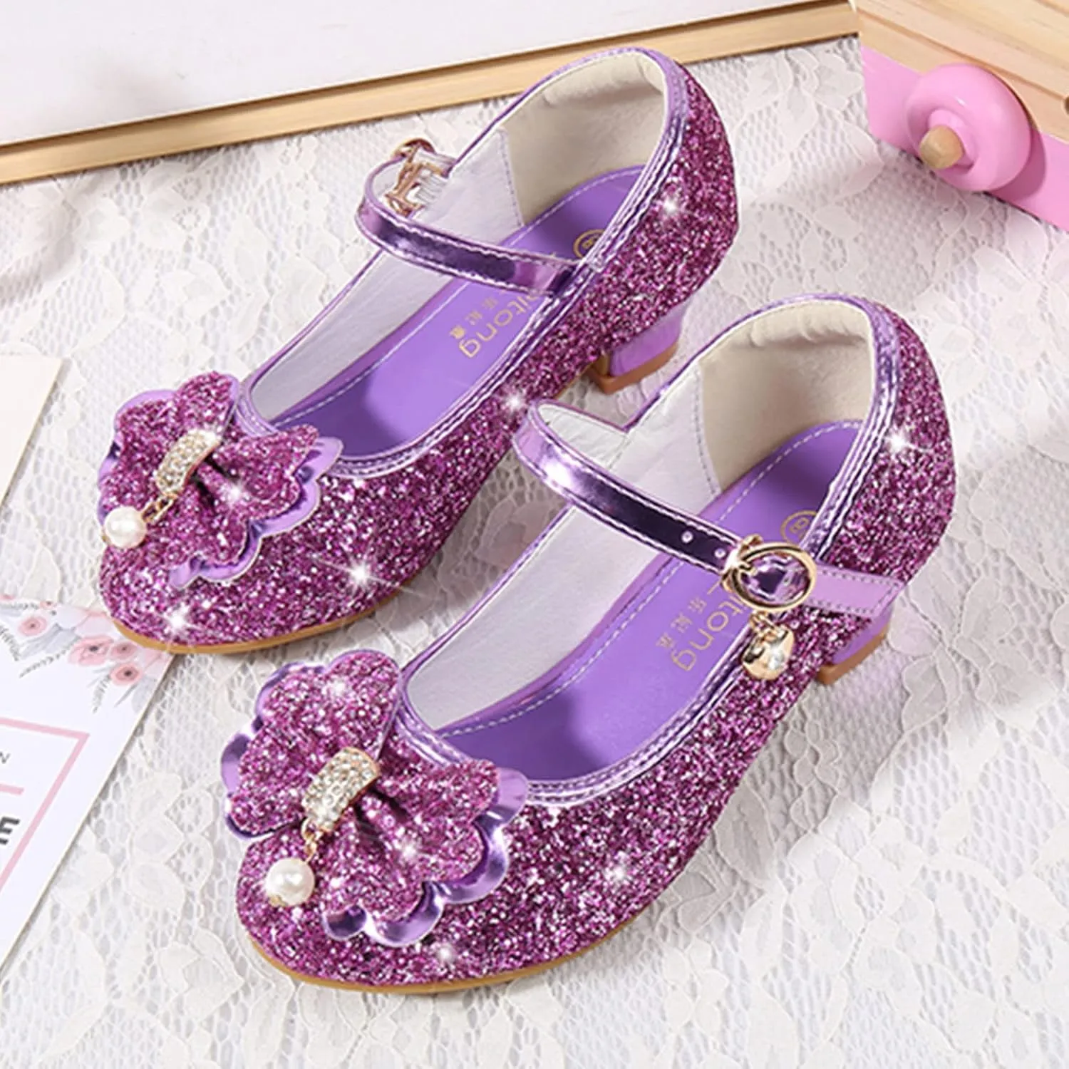 Girls Dress Shoes Glitter Shoes Flower Mary Jane Low Heels Party Wedding Prom Footwear For Toddler Princess Shoes
