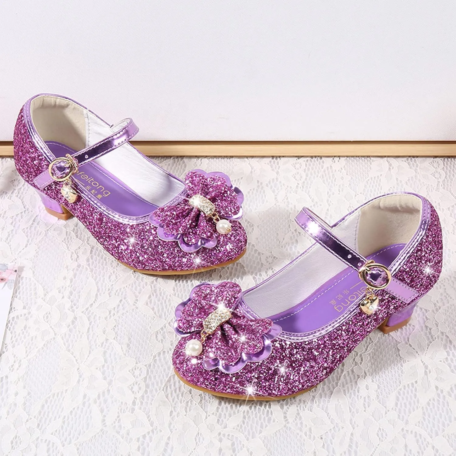 Girls Dress Shoes Glitter Shoes Flower Mary Jane Low Heels Party Wedding Prom Footwear For Toddler Princess Shoes