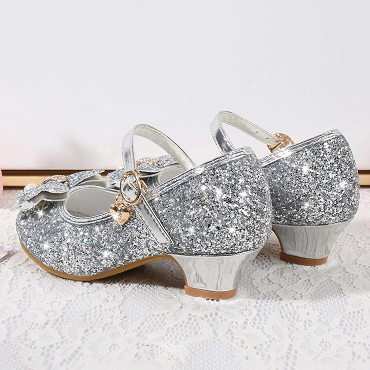 Girls Dress Shoes Glitter Shoes Flower Mary Jane Low Heels Party Wedding Prom Footwear For Toddler Princess Shoes