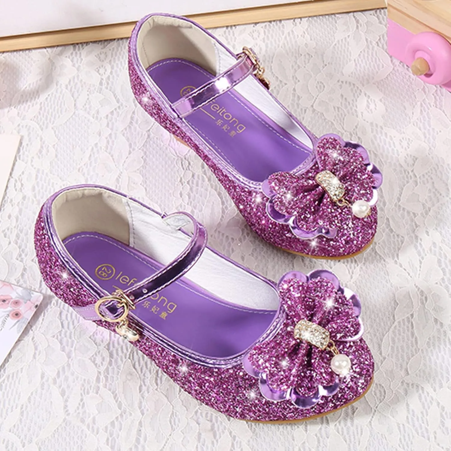 Girls Dress Shoes Glitter Shoes Flower Mary Jane Low Heels Party Wedding Prom Footwear For Toddler Princess Shoes