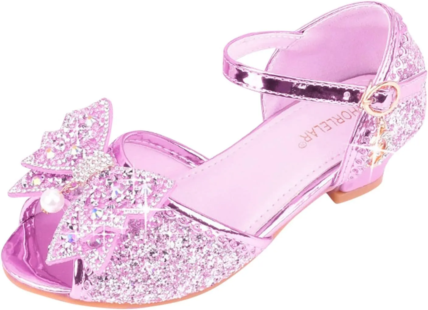 Girls Kids Sequins Dress Dance Sneakers Open Toe Ankle with Strap Low Heel Wedding Shoes Fancy Bow Glitter
