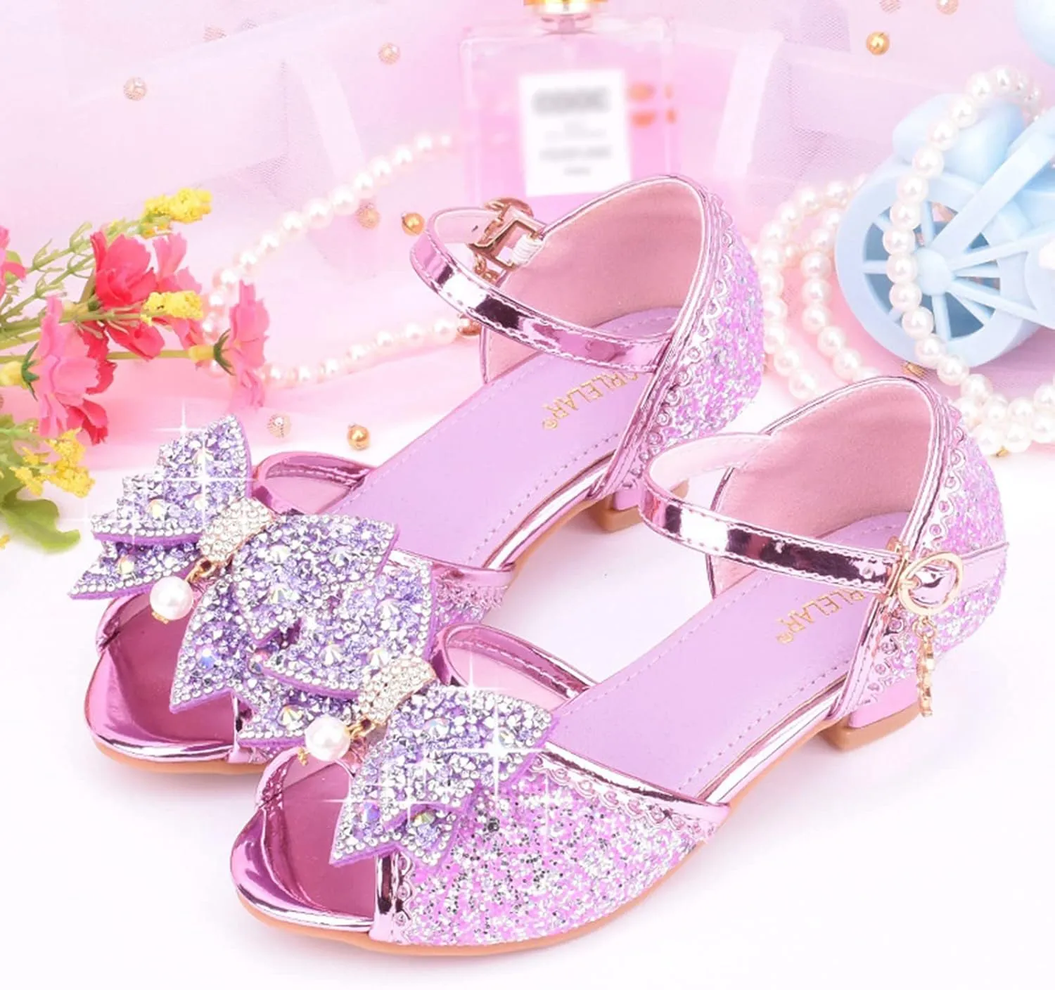 Girls Kids Sequins Dress Dance Sneakers Open Toe Ankle with Strap Low Heel Wedding Shoes Fancy Bow Glitter