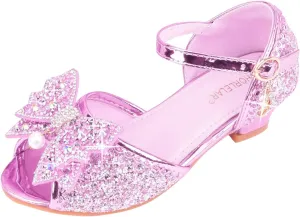 Girls Kids Sequins Dress Dance Sneakers Open Toe Ankle with Strap Low Heel Wedding Shoes Fancy Bow Glitter