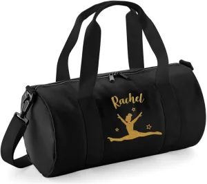 Girls Personalised Splits Gymnastics Glitter Barrel Bag Dance School Kit, Black/Gold Glitter Print