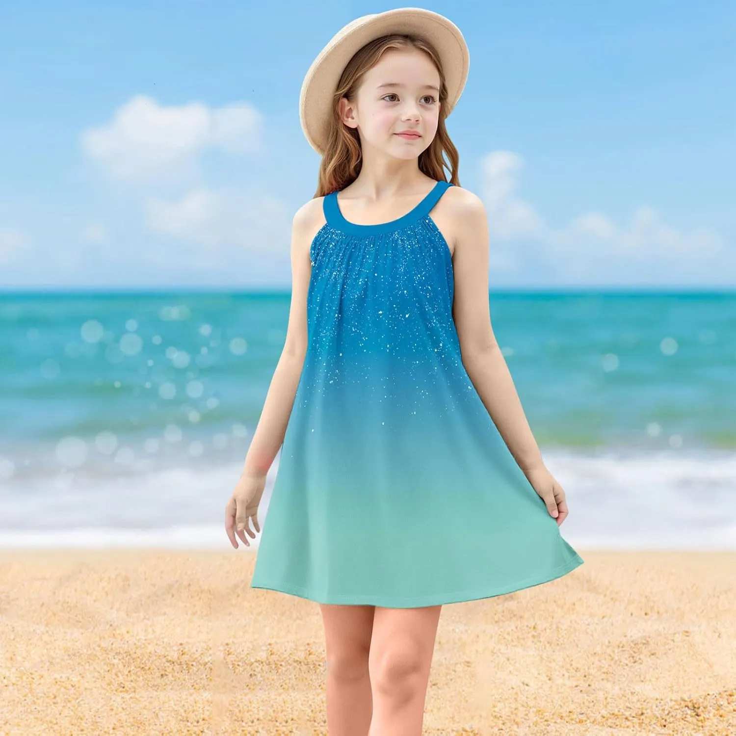 Girl's Summer Dress Casual Sleeveless Dresses Spaghetti Strap Twirl Swing Sundress Contrast Dress Beach Dresses