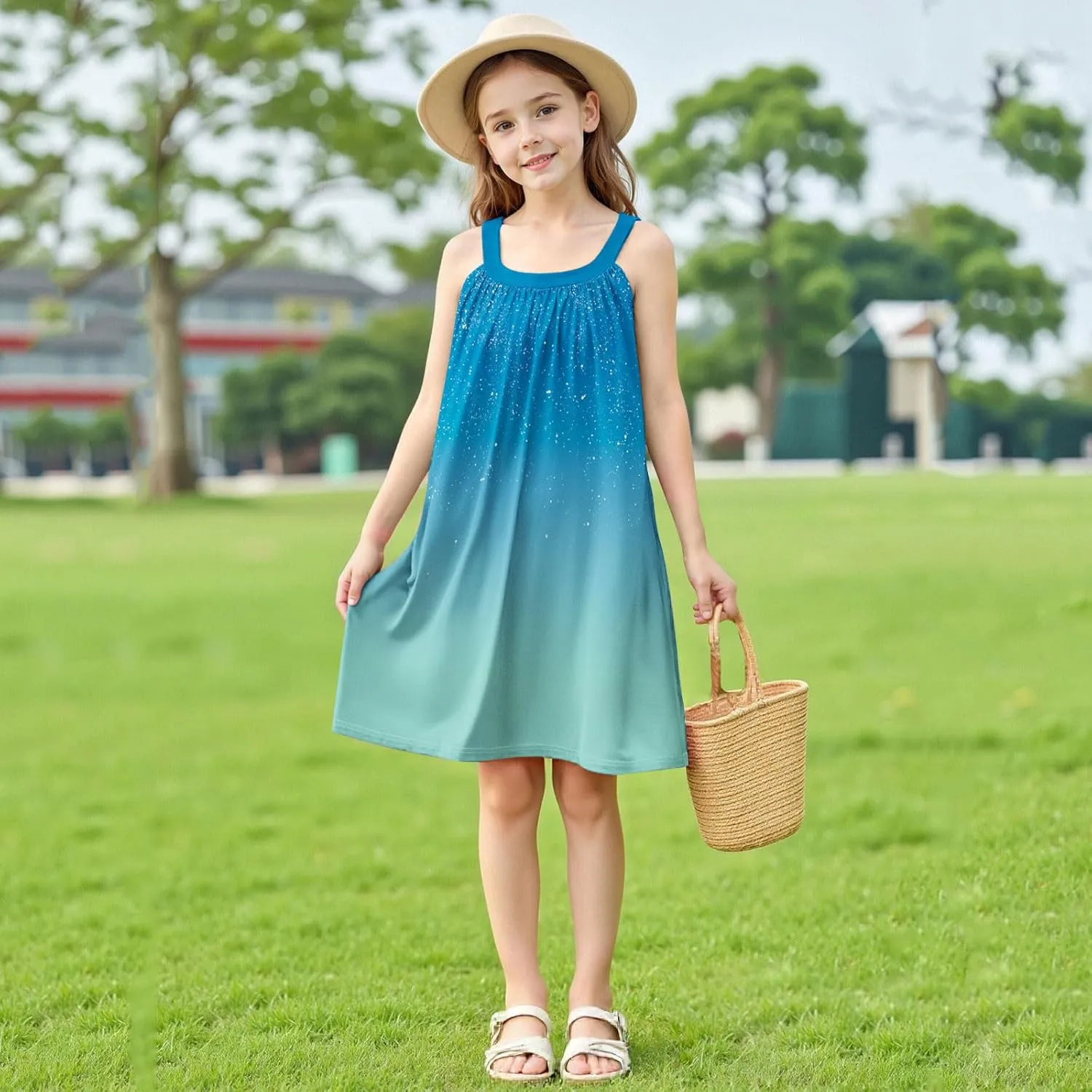 Girl's Summer Dress Casual Sleeveless Dresses Spaghetti Strap Twirl Swing Sundress Contrast Dress Beach Dresses