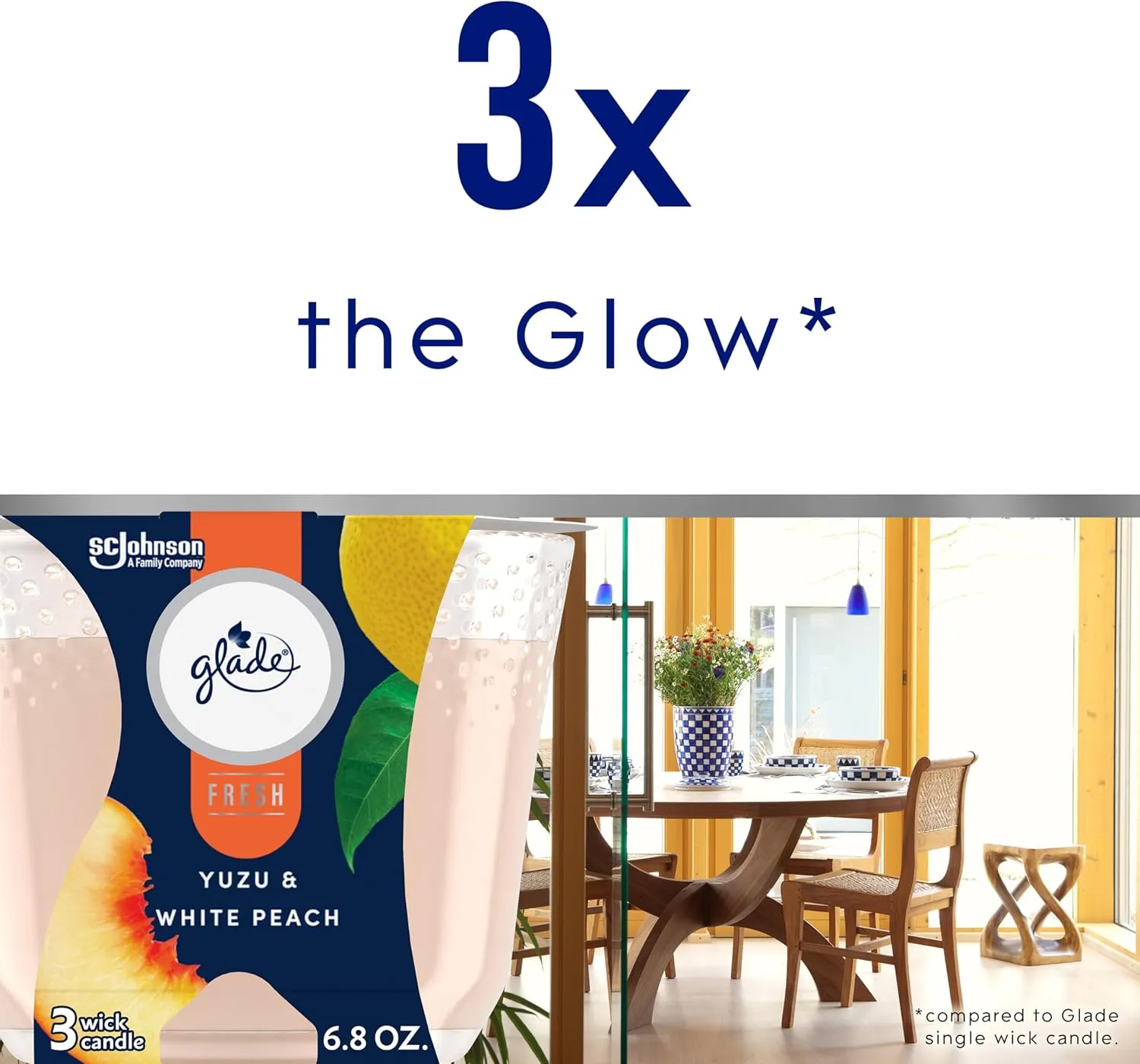 Glade Yuzu & White Peach Fresh Collection 3-Wick Fragrance Candle, 6.8 Oz, 3 Count