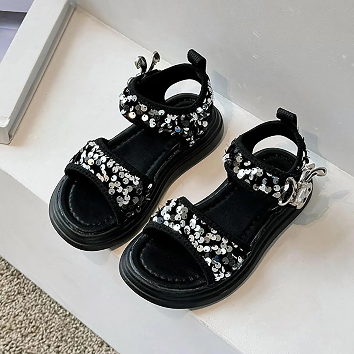Glitter Sandals For Girls Double Strappy With Ankle Buckle Strap Summer Dress Softy Sole Shoes Girl Sandals