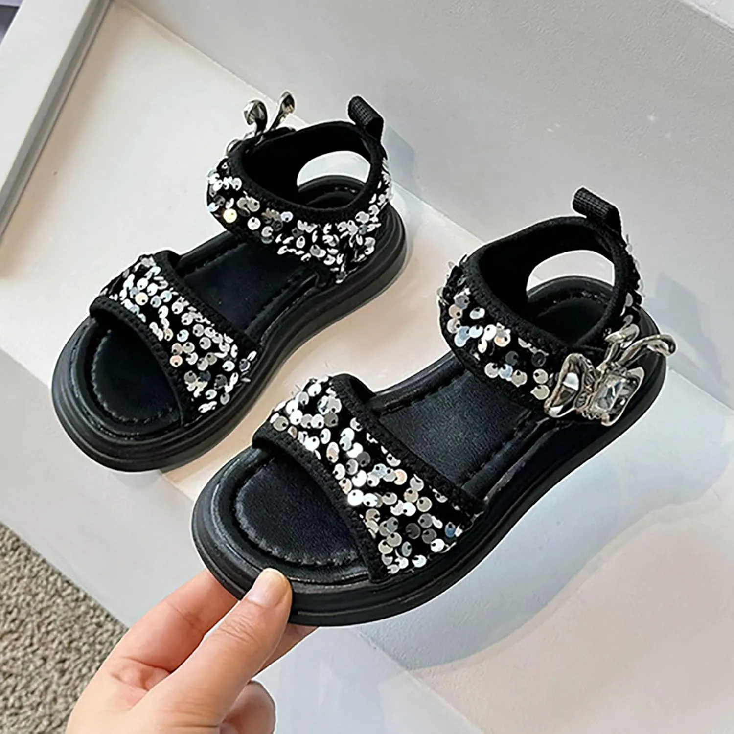 Glitter Sandals For Girls Double Strappy With Ankle Buckle Strap Summer Dress Softy Sole Shoes Girl Sandals