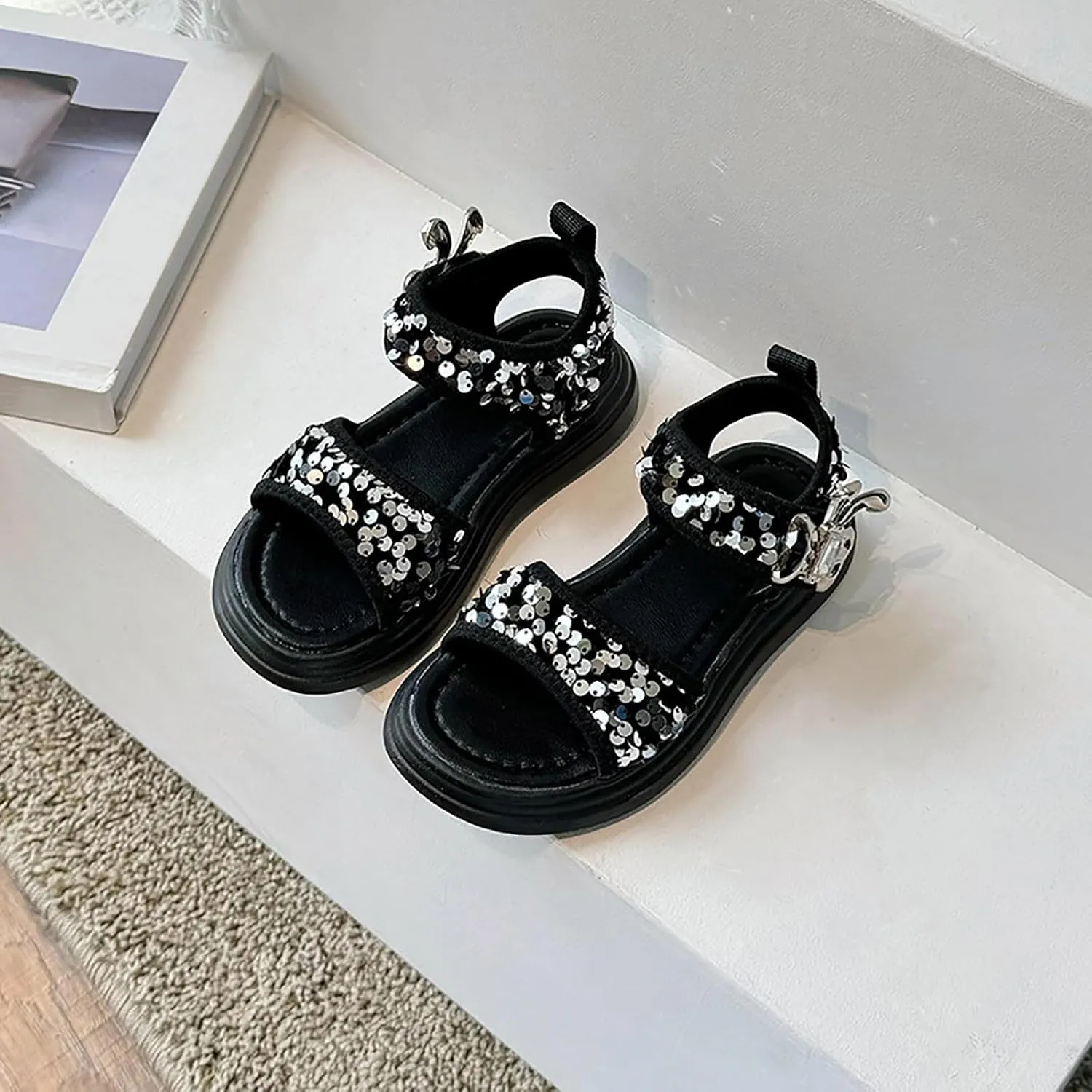 Glitter Sandals For Girls Double Strappy With Ankle Buckle Strap Summer Dress Softy Sole Shoes Girl Sandals