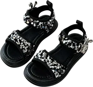 Glitter Sandals For Girls Double Strappy With Ankle Buckle Strap Summer Dress Softy Sole Shoes Girl Sandals