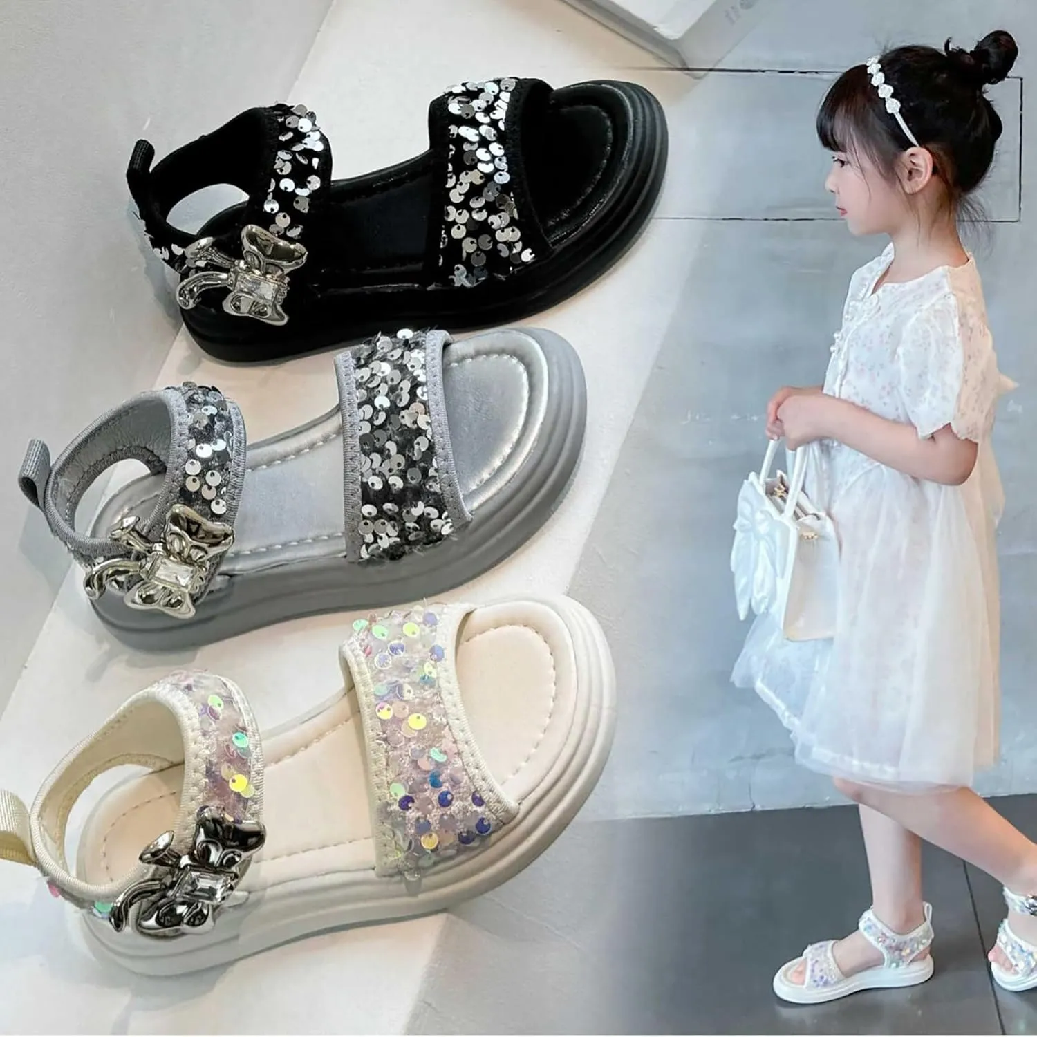 Glitter Sandals For Girls Double Strappy With Ankle Buckle Strap Summer Dress Softy Sole Shoes Girl Sandals