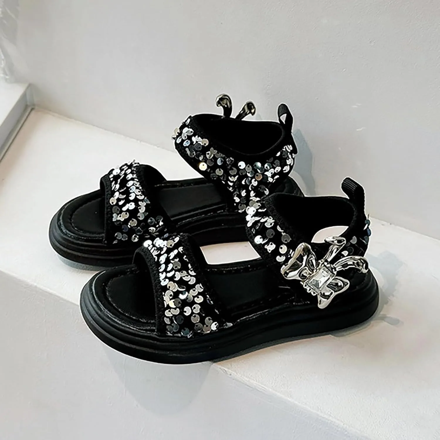 Glitter Sandals For Girls Double Strappy With Ankle Buckle Strap Summer Dress Softy Sole Shoes Girl Sandals