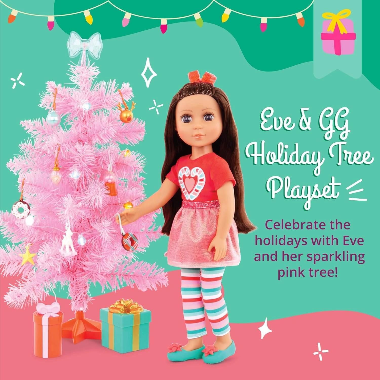 Glitter Girls – 14-inch Poseable Doll Set – Brown Hair & Brown Eyes – Christmas Tree, Holiday Ornaments & Outfit – Toys for Kids 3 Years  – Eve & GG Holiday Tree Playset
