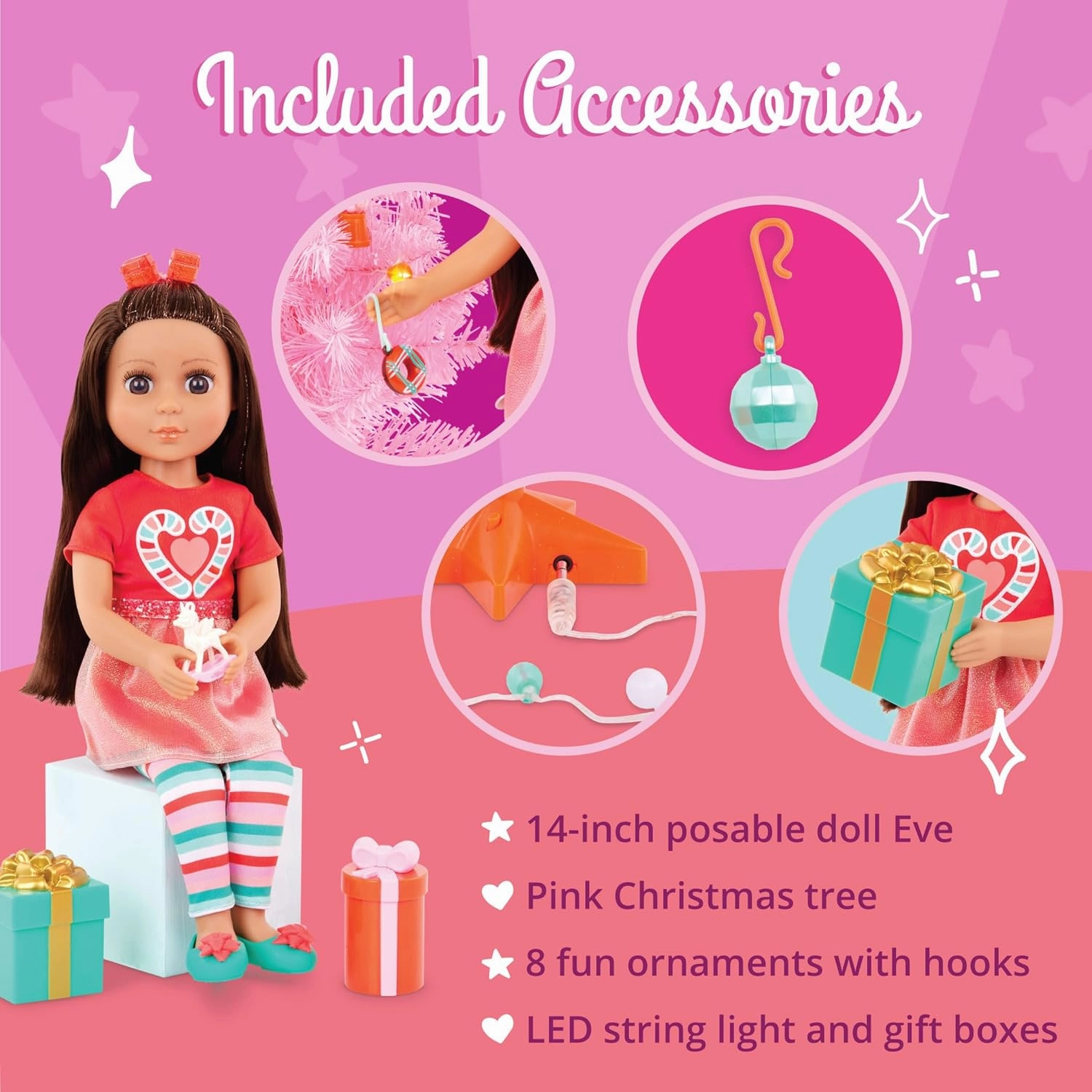 Glitter Girls – 14-inch Poseable Doll Set – Brown Hair & Brown Eyes – Christmas Tree, Holiday Ornaments & Outfit – Toys for Kids 3 Years  – Eve & GG Holiday Tree Playset
