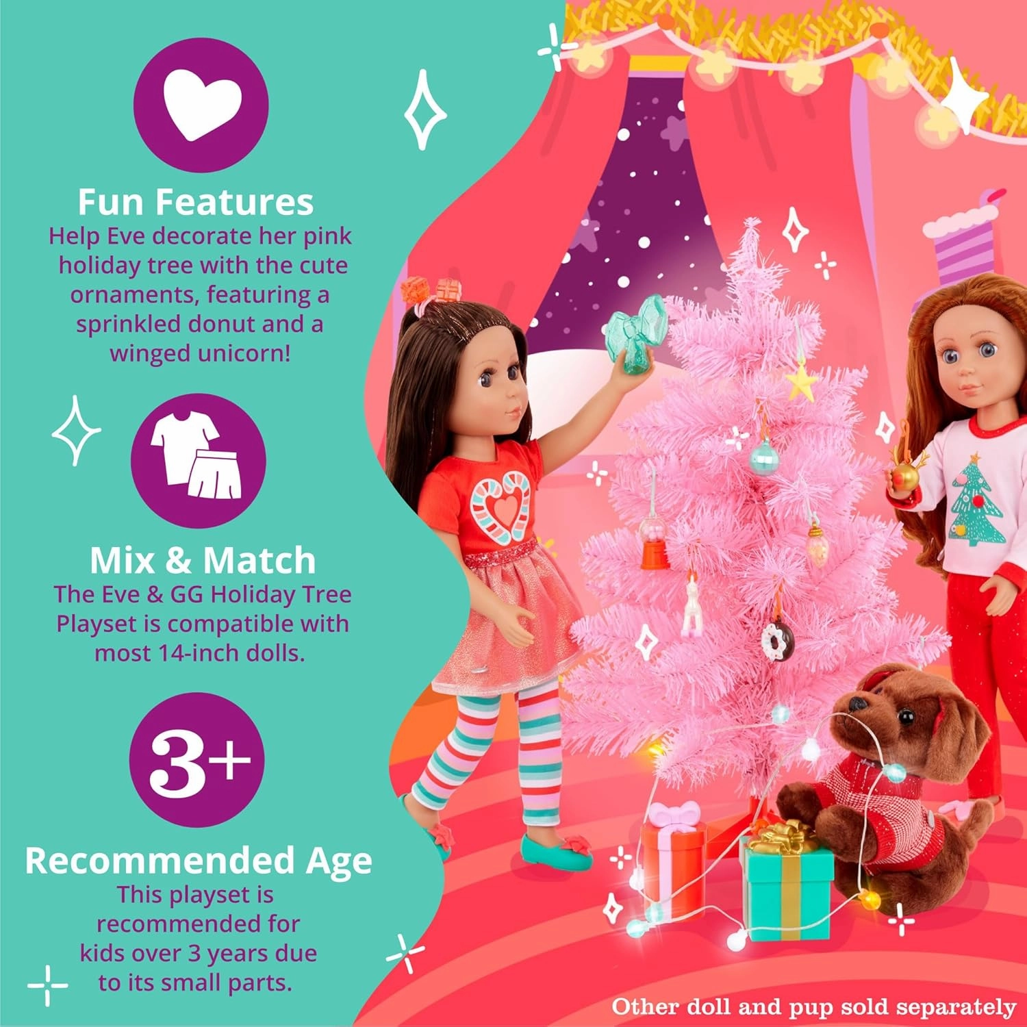 Glitter Girls – 14-inch Poseable Doll Set – Brown Hair & Brown Eyes – Christmas Tree, Holiday Ornaments & Outfit – Toys for Kids 3 Years  – Eve & GG Holiday Tree Playset