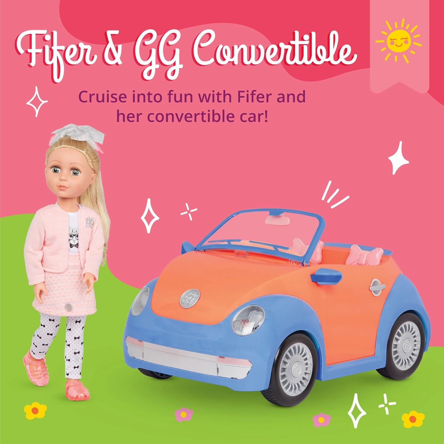 Glitter Girls – Fifer 14-inch Doll & GG Convertible -Doll & Vehicle Bundle – Blonde Hair & Green Eyes –Blue & Orange Classic Car – Trunk & Cupcake Holders – 3 Years  