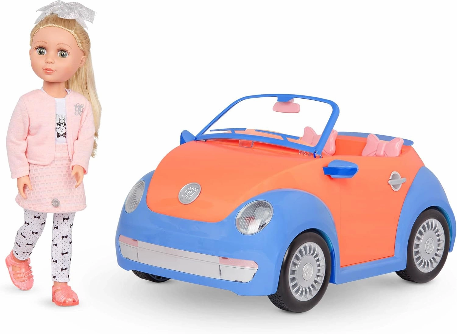 Glitter Girls – Fifer 14-inch Doll & GG Convertible -Doll & Vehicle Bundle – Blonde Hair & Green Eyes –Blue & Orange Classic Car – Trunk & Cupcake Holders – 3 Years  
