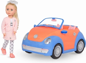 Glitter Girls – Fifer 14-inch Doll & GG Convertible -Doll & Vehicle Bundle – Blonde Hair & Green Eyes –Blue & Orange Classic Car – Trunk & Cupcake Holders – 3 Years  