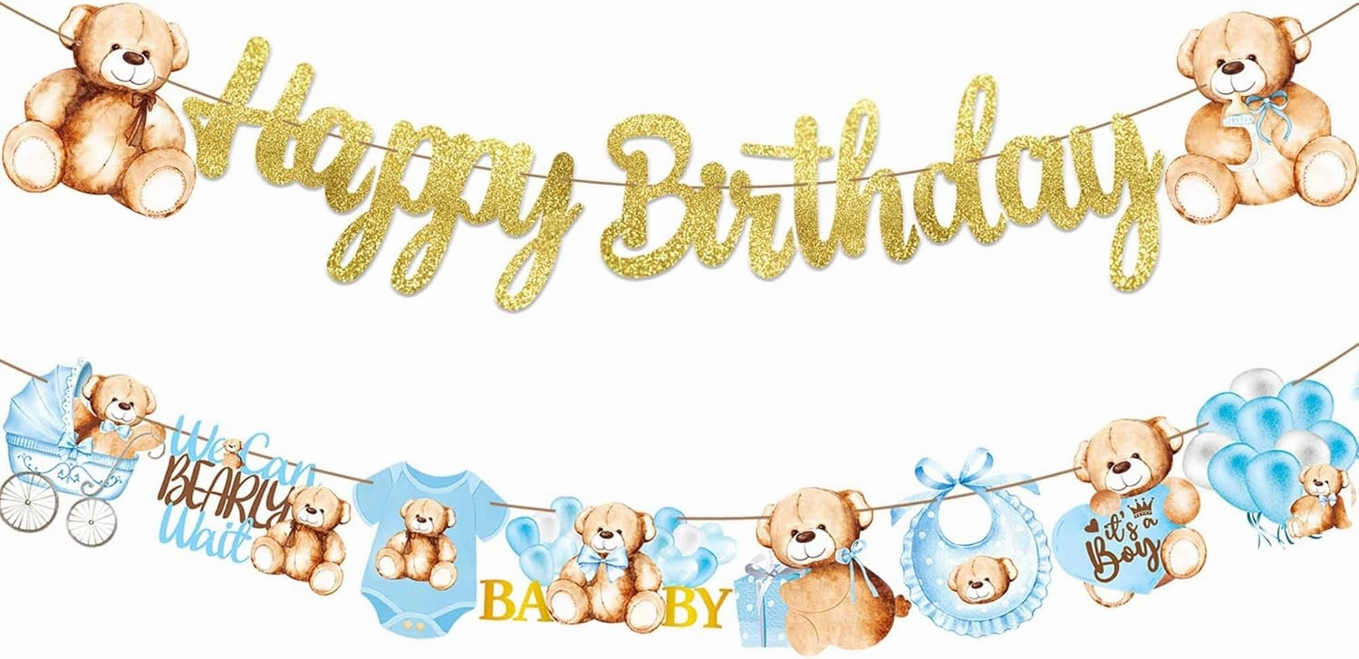 Glitter Teddy Bear Birthday Banner Teddy Bear Birthday Party Decorations Teddy Bear Party Banner Decorations for We Can Bearly Wait Theme Birthday Party Baby Shower Gender Reveal Party Supplies