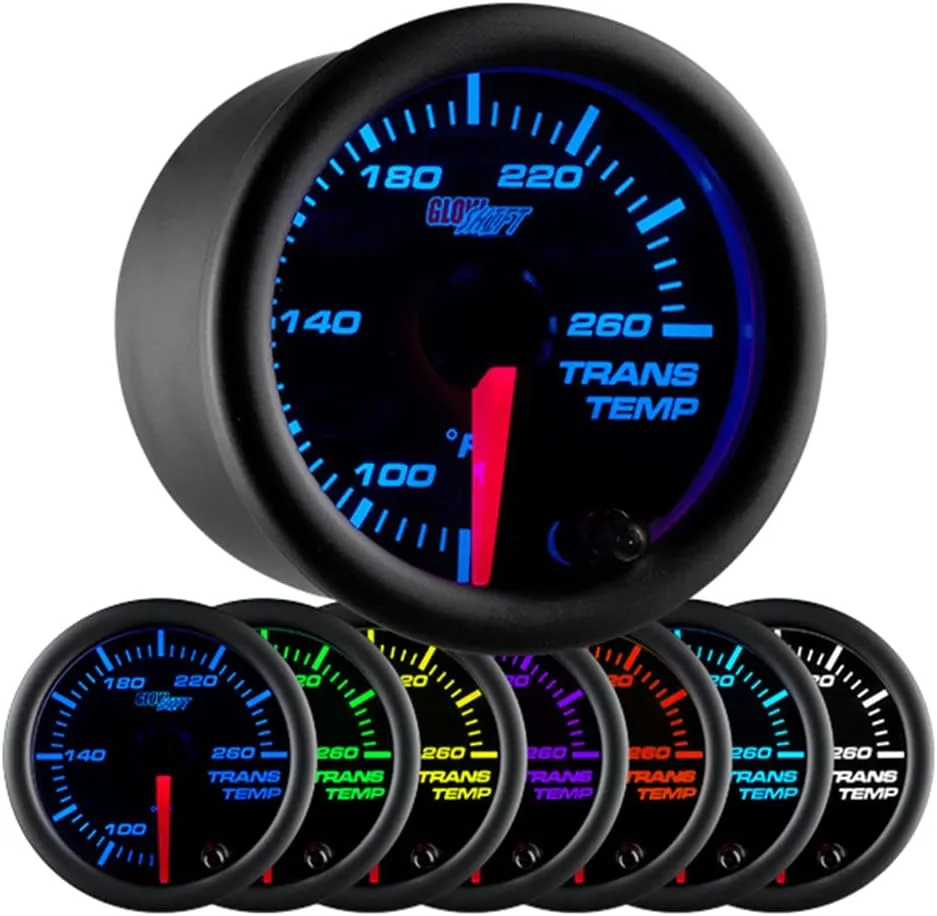 GlowShift Black 7 Color 260F Automatic Transmission Temp Gauge Kit - Includes 1/8-27 NPT Electronic Sensor & Wiring - Multi-Color Display - Black Dial - Clear Lens - for Car & Truck - 2-1/16" 52mm