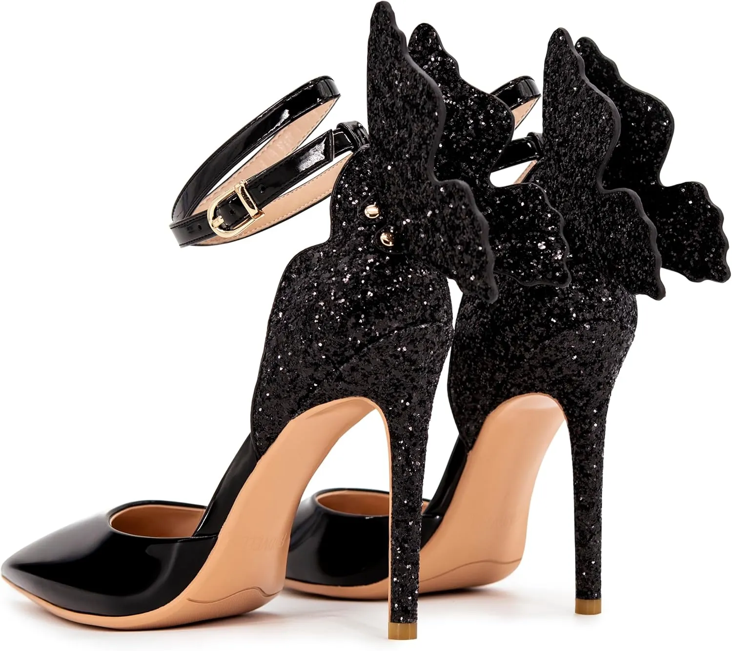 Gold High Heels Butterfly Back Sexy Stiletto Pumps Closed Toe Sparkly Ankle Strap Heels Sandals Dress Shoes for Women