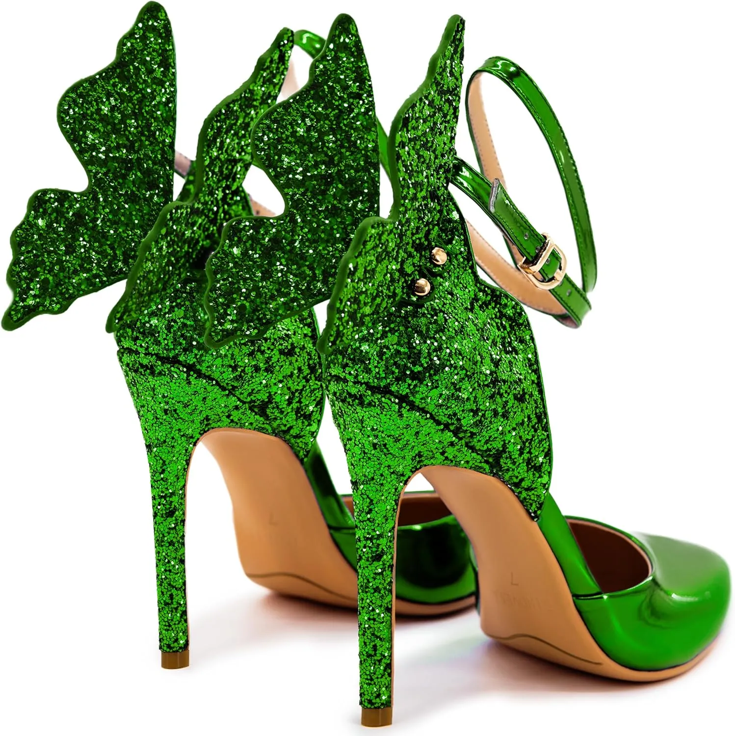 Gold High Heels Butterfly Back Sexy Stiletto Pumps Closed Toe Sparkly Ankle Strap Heels Sandals Dress Shoes for Women