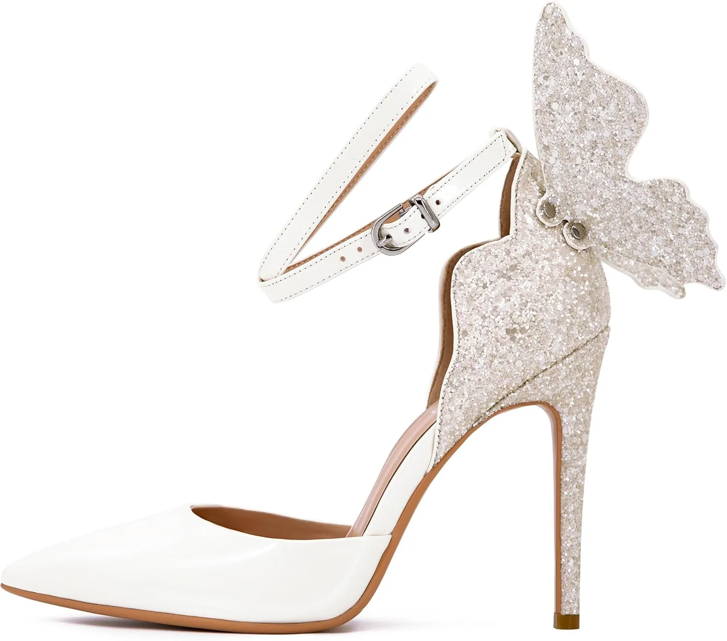 Gold High Heels Butterfly Back Sexy Stiletto Pumps Closed Toe Sparkly Ankle Strap Heels Sandals Dress Shoes for Women
