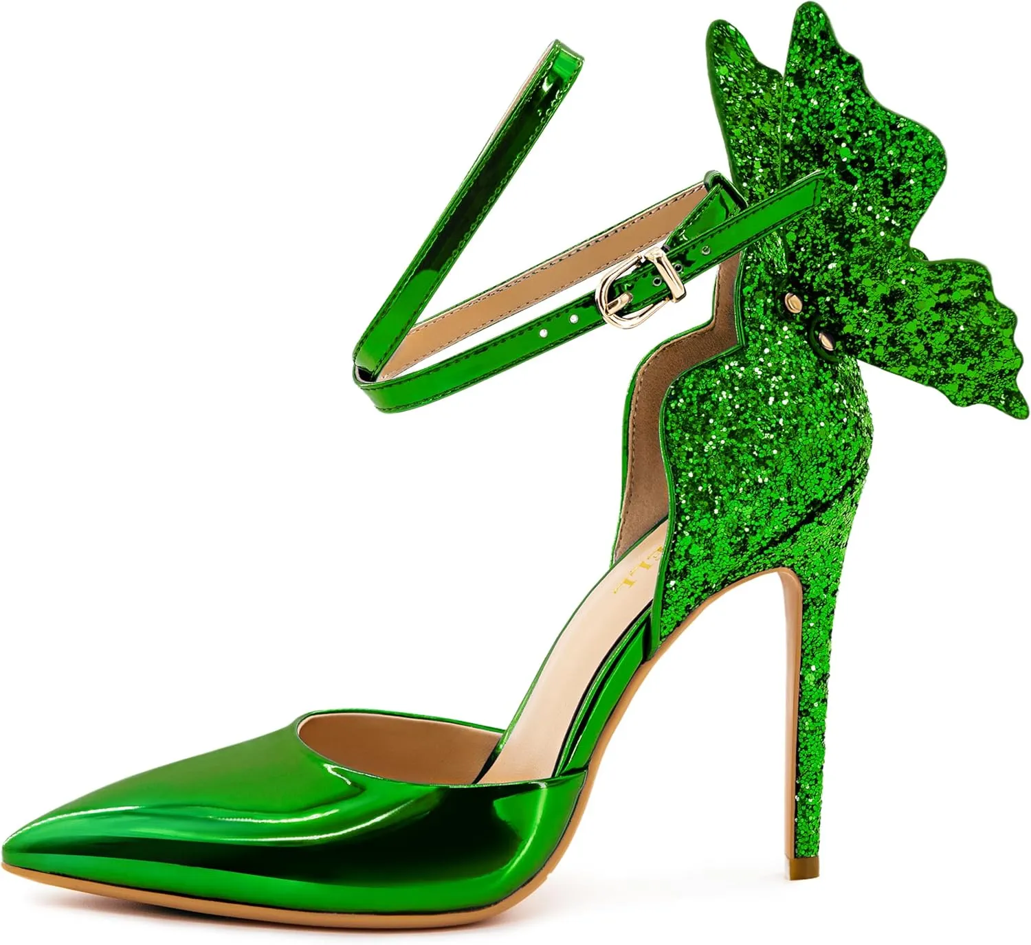Gold High Heels Butterfly Back Sexy Stiletto Pumps Closed Toe Sparkly Ankle Strap Heels Sandals Dress Shoes for Women