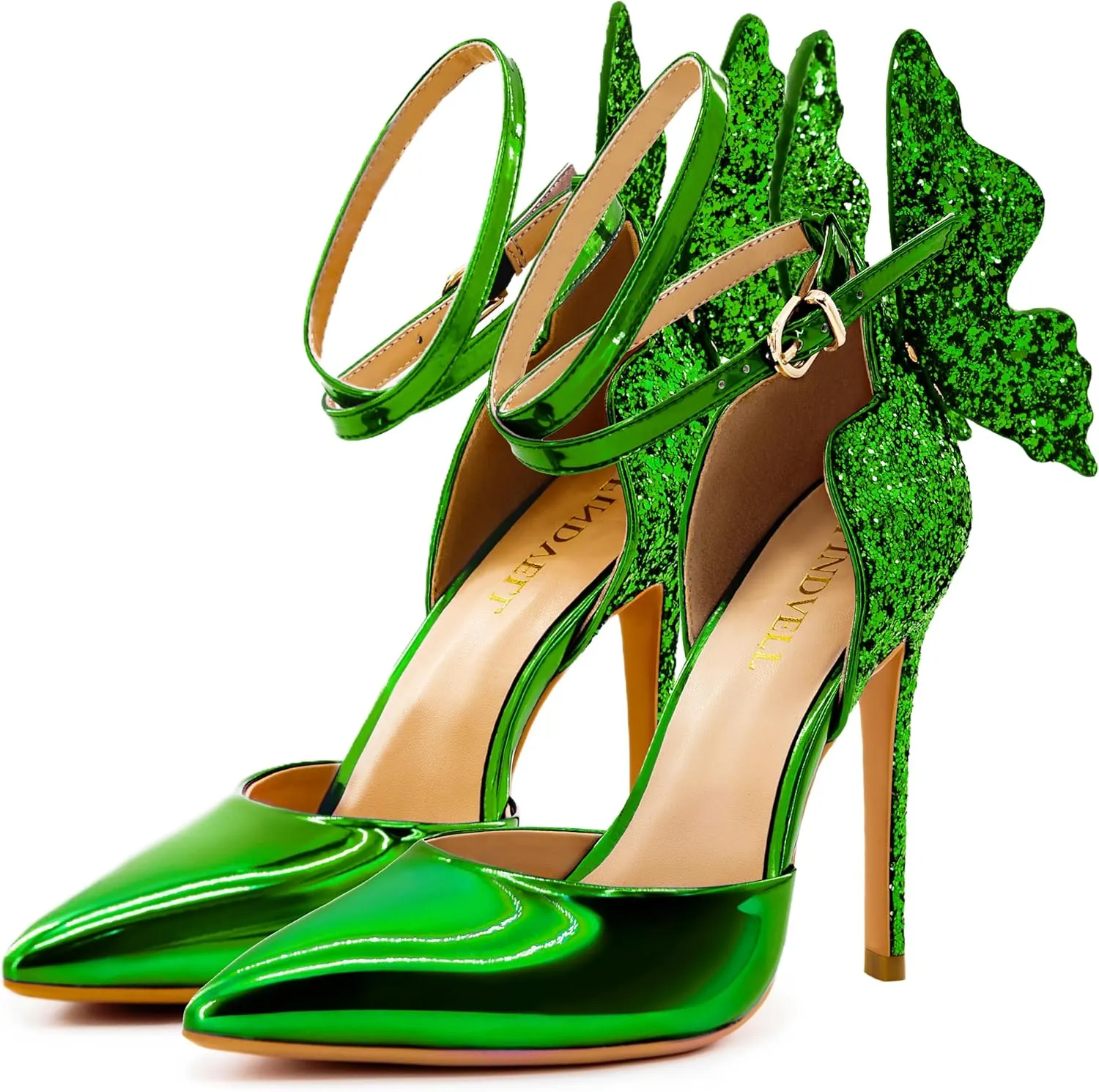 Gold High Heels Butterfly Back Sexy Stiletto Pumps Closed Toe Sparkly Ankle Strap Heels Sandals Dress Shoes for Women