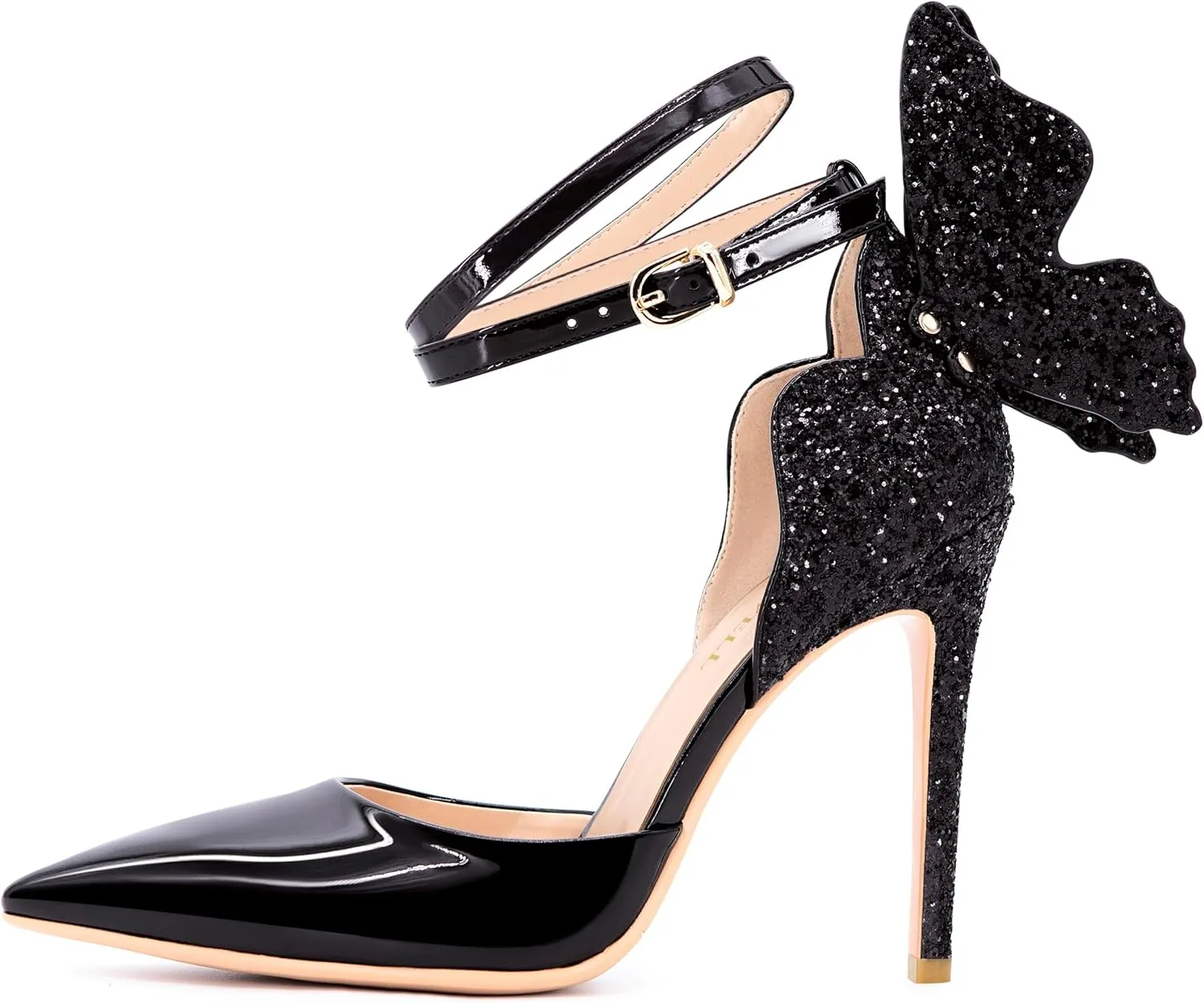 Gold High Heels Butterfly Back Sexy Stiletto Pumps Closed Toe Sparkly Ankle Strap Heels Sandals Dress Shoes for Women