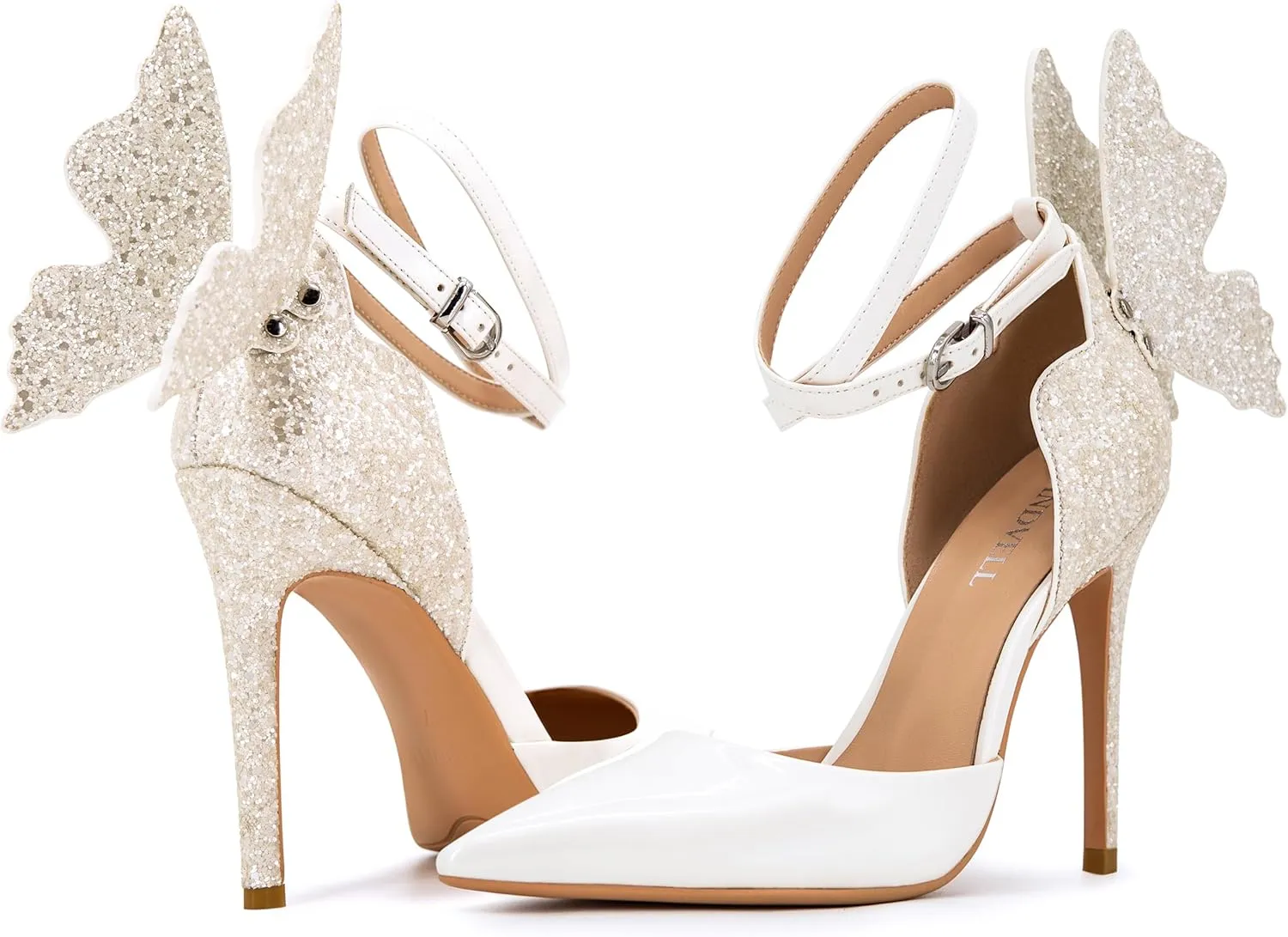 Gold High Heels Butterfly Back Sexy Stiletto Pumps Closed Toe Sparkly Ankle Strap Heels Sandals Dress Shoes for Women
