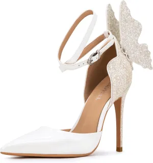 Gold High Heels Butterfly Back Sexy Stiletto Pumps Closed Toe Sparkly Ankle Strap Heels Sandals Dress Shoes for Women