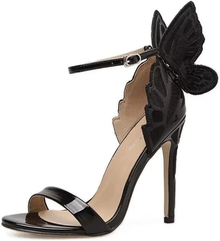 Gold High Heels Butterfly Back Sexy Stiletto Pumps Open Toe Sparkly Ankle Strap Heels Sandals Dress Shoes for Women