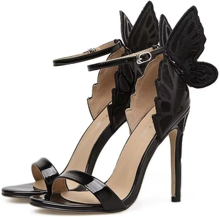Gold High Heels Butterfly Back Sexy Stiletto Pumps Open Toe Sparkly Ankle Strap Heels Sandals Dress Shoes for Women
