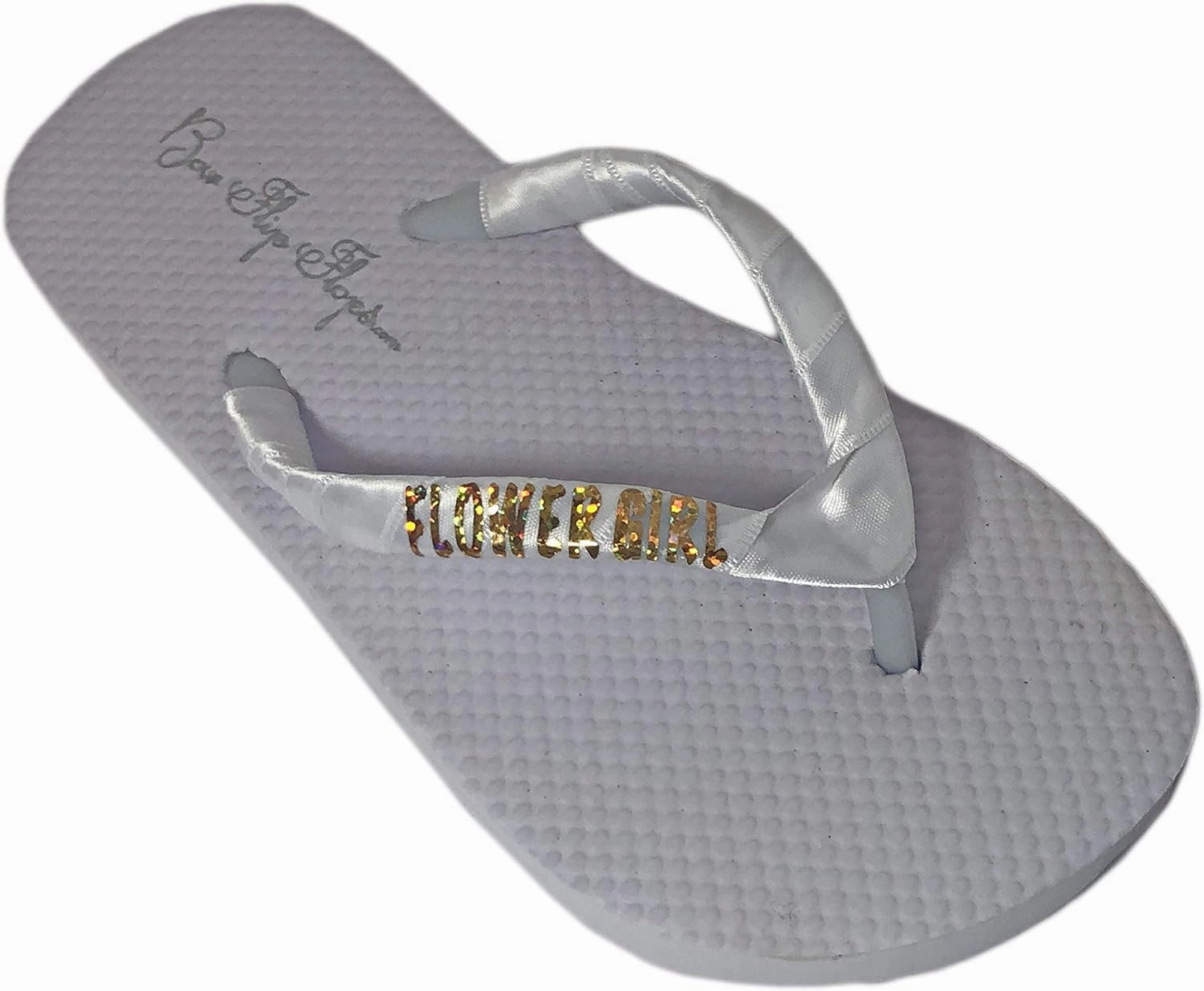 Gold Glitter Flower Girl Flip Flops, White Flat with Satin Ribbon Straps - Little Girl & Big Girl Sizes